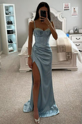 Dusty Blue Mermaid Spaghetti Straps Long Satin Prom Dress With Beading